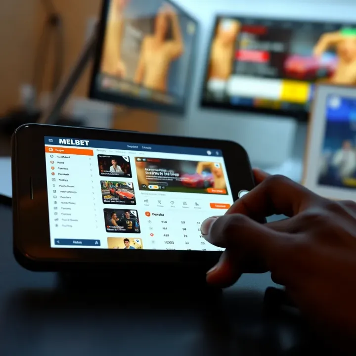 Smartphone showing Melbet app features including account management and gaming options
