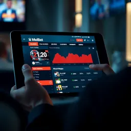 Mobile phone showing Melbet betting app with active betting options and secure payment icons